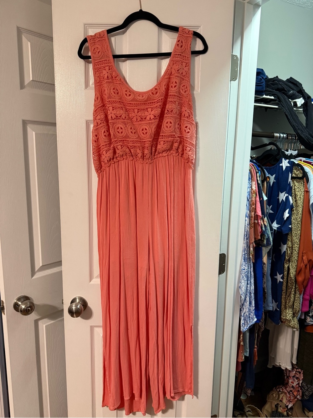 Chic Soul Coral Crochet Bodice Maxi Jumpsuit